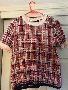 Ann Taylor Striped Knit Short Sleeve Sweater - Pink, Red, Navy & White